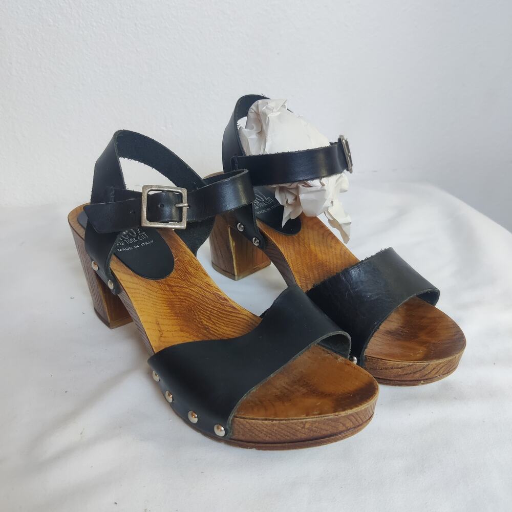 Miz Mooz NYC Wooden Block Heel Studded Black Leather Sandals Size 8 Scandi Girl - Picture 7 of 12